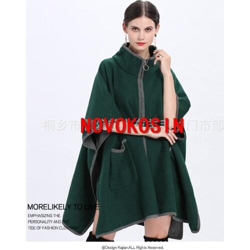 Plus Size Women Dark Green Cloak Big Pendulum Cardigan Winter Warm Thick Faux Woolen Coat 2021 Batwing Sleeve Pocket Long Poncho