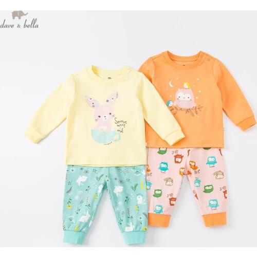 DB20515 dave bella winter baby girls fashion cartoon print pajamas newborn baby underwear casual sleepwear 2 pcs suit