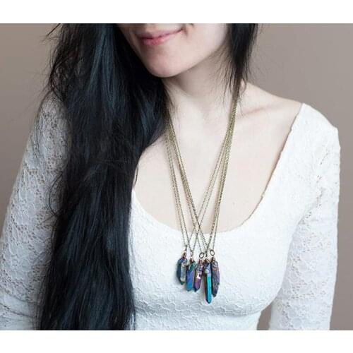 1pcs Raw Rainbow Titanium Quartz Necklace Rough Metallic Aura Quartz Point Pendant Boho Style Layering Necklace