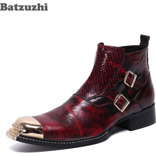 Batzuzhi Fashion Men Boots Gold Iron Toe Luxury Mens Leather Boots Ankle Buckles Red Party Wedding Dress Boots, Big Size US6-12