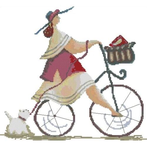 Free Delivery Top Quality Cute Funny Counted Cross Stitch Kit Bicycle Bike Riding Woman Lady Walk On Dog