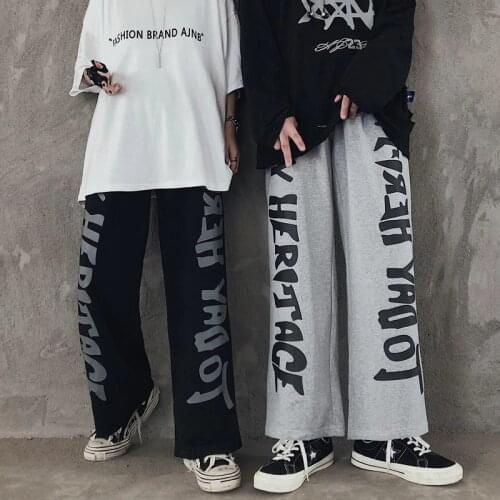 QWEEK Japanese Streetwear High Waist Women Pants Graffiti Letter Print Wide Leg Pants Oversized Loose Trousers Japanese HipHop