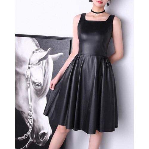 Factory New Arrival Women Hepburn Style Genuine Leather Black Dress Sleeveless