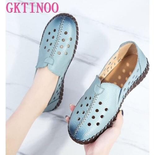 GKTINOO 2021 Summer Genuine Leather Vintage Loafers Shoes Women Lazy Slip-On Handmade Leather Breathable Hollow Soft Shoes Woman