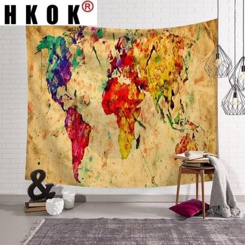 HKOK Retro World Map Tapestry Wall Rugs Wall Hanging Fabric Mural Background Cloth Towel Beach Fabric Blanket Dorm Living Decor