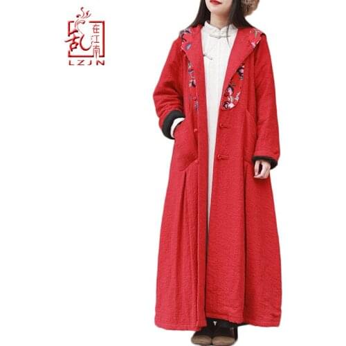 LZJN 2019 Women Warm Long Coat Floral Print Vintage Chinese Maxi Trench Coat Female Red Winter Thick Warm Coat Longline Outwear