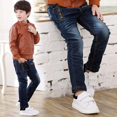 New spring children clothing boys good denim pants Kids boys casual zipper leather label elastic jeans pants 4-9 years