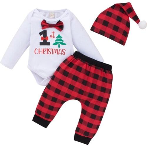 Infant Babys Clothes Christmas Romper Pants Hat Plaid Print Bow Fur Ball Decoration Festive Childrens Clothing Set Costumes