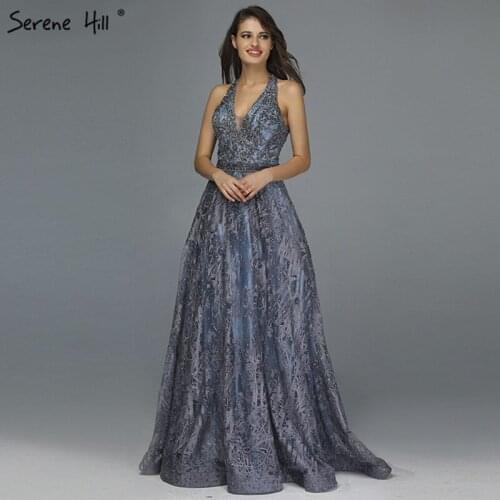 Blue Halter Crystal A-Line Prom Dressese Design 2020 Real Photo Sleeveless Sexy Prom Gowns Serene Hill BLA70158