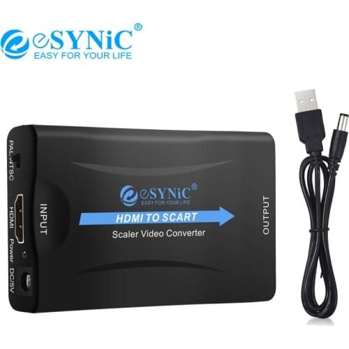 ESYNiC HDMI-Compatible To Scart Converter 5V With USB To DC Cable Support NTSC PAL Upscale Signal Adapter Audio Video Converter
