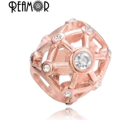 REAMOR Luxury Plating Rose Gold Hollow Beads 5mm Hole Crystal Charm Beads for Women Bracelets DIY Jewelry Making Accessories