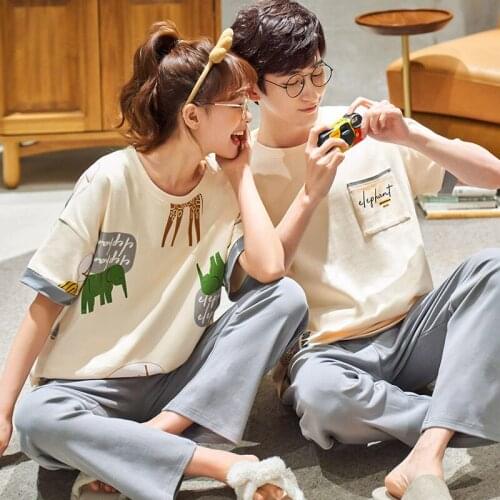 Cute Cartoon Animal Print Couple Pajamas Set Cotton Women & Men Sleepwear Summer Cotton Casual Home Wear Plus Size Men Nightwear