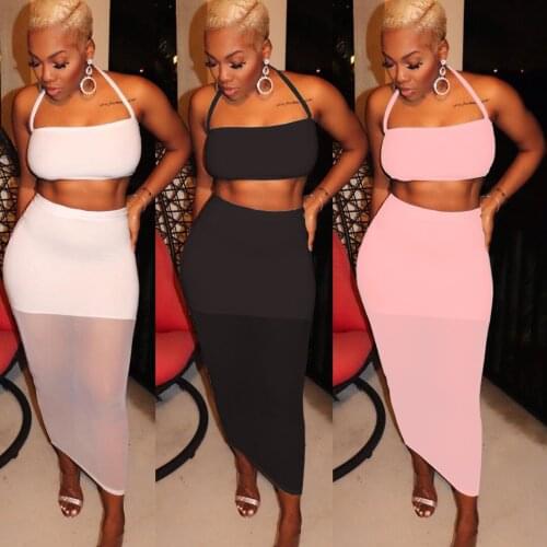 Sexy Female Solid Color Patchwork Mesh Dress Package Hip Skirt Slim Knee-Length Two Piece Set Bind Belt Hanging Neck Suit