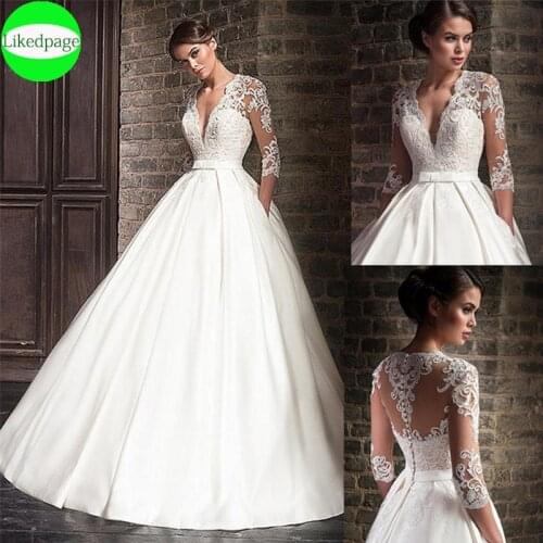Three Quarter Sleeves Wedding Dresses 2021Vestidos De Novia Lace Appliques Bridal Gowns Robe Mariage Boda Trouwjurk With Pockets