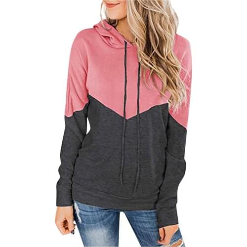Color Block Hoodies Sweatshirts Womens Hooded Drawstring Stitching Collision Color Long-sleeved Drawstring Sports Sweatshirt