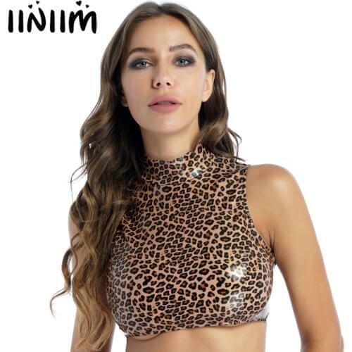 Women Fashion Streetwear Leopard Print Vest Top Faux Leather Exotic Cropped Tops Mock Neck Sleeveless Zipper Sexy Top Clubwear