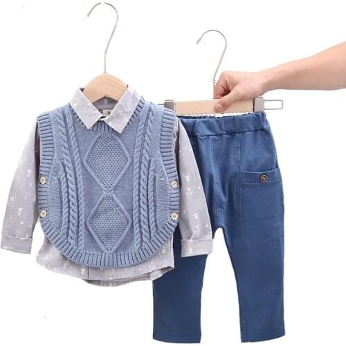 High Quality Handsome Baby Boys Clothing Set 2021 New Autumn Warm Sweater Vest + Full Sleeve Shirt + Pants 3Pcs Suit For kids