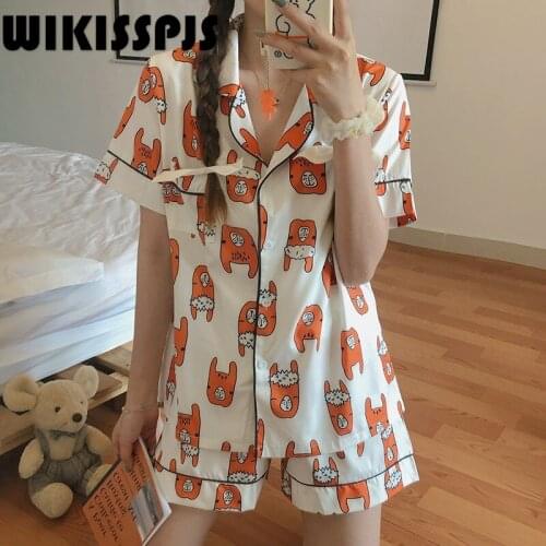 WIKISSPJS Pajamas Womens Summer 2021 New Lovely Japanese Two Piece Suit Bedroom Set Pajamas for Teen Girls Lounge Wear