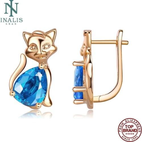 INALIS Stud Earrings Women Cute Cat Copper Earring Water Drop Blue Cubic Zirconia Female Anniversary Fashion Jewelry Recommend