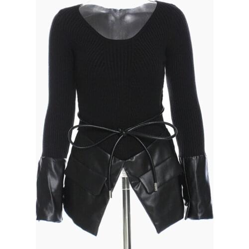 Leather Patchwork Lace Up Black O-neck Knitted Mall Goth Y2ki Clothes Sweaters For Women Fashion 2021 Spring C983