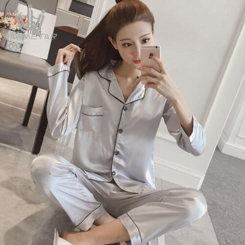 Women Sexy Silk 2 Pieces Sets Satin Sleepwear Pajama Sets Turn-down Collar Long Sleeve Pyjamas Spring 2020 New Fashion