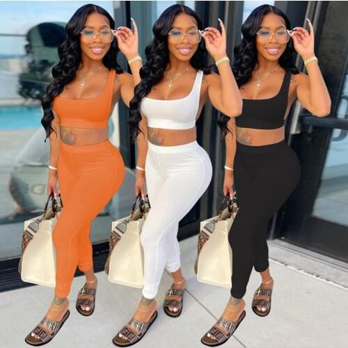 Womens Tracksuit Crop Top And Long Pants Solid Color Knitted Backless Elastic Waist Womens Pantsuit Summer Fitness Sporty