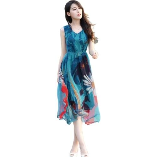 Summer Dress Women 2021 New Bohemian Beach Dress V-neck Slim Sexy Sleeveless Printed Mid Long Chiffon Dresses Female Vestidos