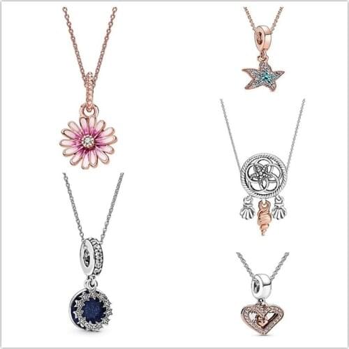 925 Sterling Silver Rose Sparkling Starfish With Icy Blue & Green Pan Necklace For Women Wedding Party