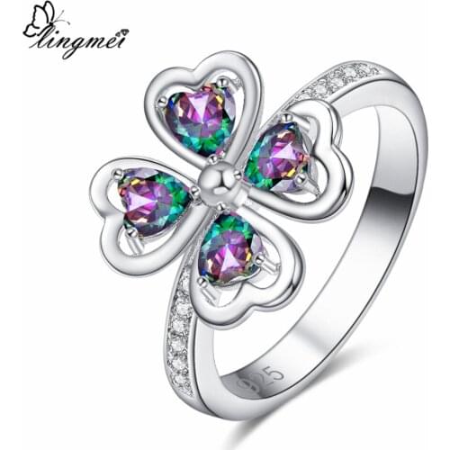Lingmei Romantic Heart MultiPink White CZ Silver ColorRing Size 6-9 Flowers Wedding Engagement Women Jewelry