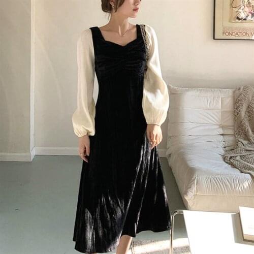 2021 Spring Vintage Dress Women Casual Long Sleeve Velvet Black One Piece Dress Korean Slim Party Elegant Midi Dress Female Cute