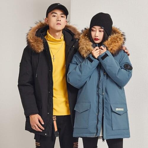 Winter Pile And Thicken Couples Paragraph Down Jacket Warm Fur Collar Fashion White Duck Down Coat Winter Men Clothing