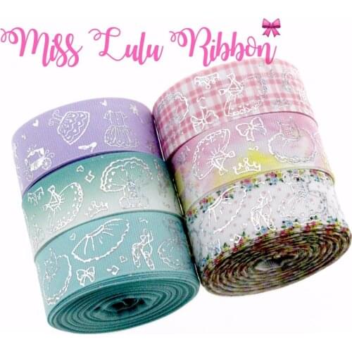1"25mm Ballet Dress Bowknots Crown Silver Hologram Foil Check Jeans Dots Flower Grosgrain Ribbon 50yards/roll DIY Hair Band