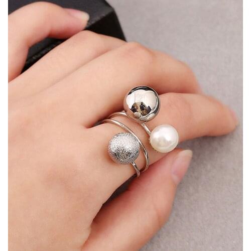 1 Pcs Woman Fashion Exaggeration Jewelry Accessories Finger Rings Metal Balls Simulated Pearl Adjustable Opening Rings