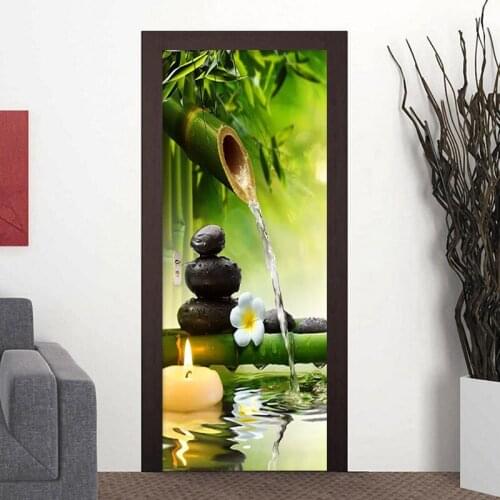 3D Wallpaper Chinese Style Green Bamboo Landscape Door Sticker PVC Self Adhesive Waterproof Mural Living Room Study Home Decor