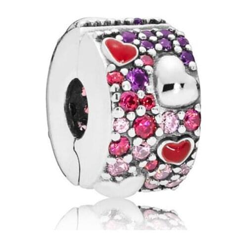 Genuine 925 Sterling Silver Charm Asymmetric Hearts Of Love With Crystal Clip Stopper Beads Fit Pan Bracelet Diy Jewelry