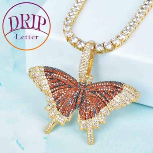 Colorful Zircon Butterfly Pendant Gold Color Plated for Women Hip Hop Animal Charm Necklace Chain Rock Jewelry