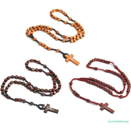 Handmade Wooden Beads Rosary Necklace Cross Pendant Necklaces for Men Women Religious Jesus Jewelry Gifts