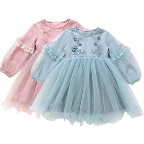 Girl Clothing 2019 Long Sleeve Embroidery Floral Kids Dress Princess Birthday Party Tutu Dresses RT355