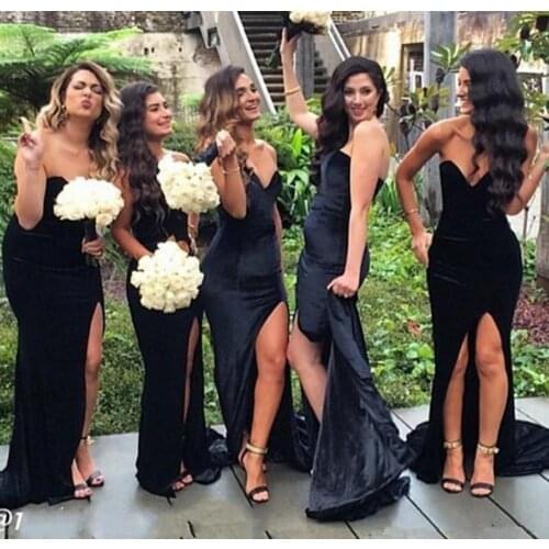 Long Sexy V-Neck Mermaid Satin Bridesmaid Dresses with Slit Sleeveless Black Corset Back Brautkleider Robes de Soirée for Women