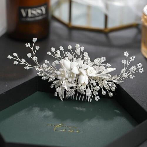 White Flower Pearl Rhinestone Comb Hair Accessories For Women Hair Jewelry Wedding Accessories Bride Hair Comb Head Jewelry