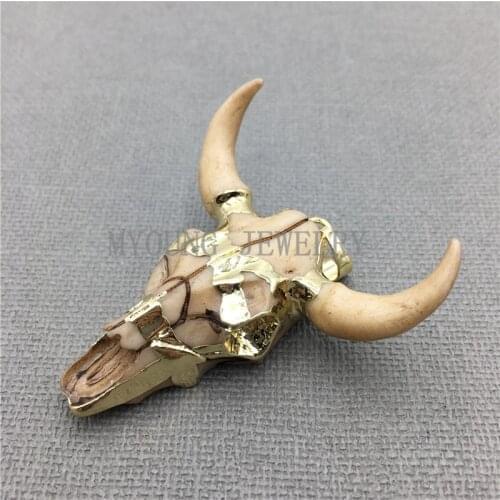 MY0126 Buffalo Cattle Skull Pendant with Gold Electroplated Trim, Longhorn Cattle Skull Charm Pendant In 45*23 mm