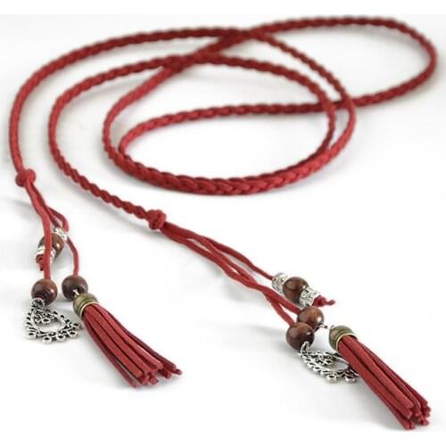 50%HOT Women Braided Beads Tassels Thin Skinny Waist Rope Belt Self-Tie Dress Waistband