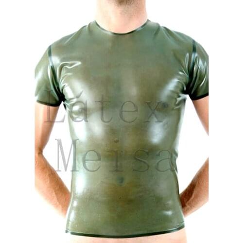 Transparent army green color sexy mens latex t-shirt short sleeve for men with 100% handmade