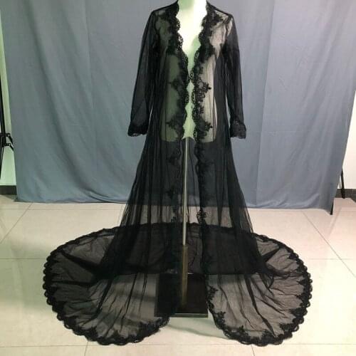 Real Image New Luxury Black Long Wedding Jackets Custom Long Sleeves Lace With Appliques Bridal Bolero Jacket Shawl White Ivory