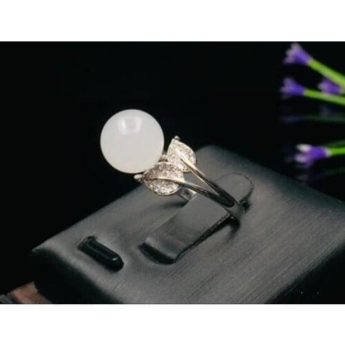 Real Natural White Jade Ring Genuine Round 925 Silver For Woman Big Gemstone Fine Jewelry