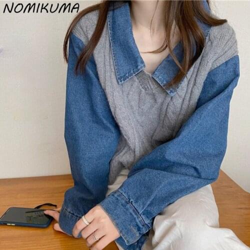 Nomikuma Causal Knitted Twisted Sweaters Fake Two Pieces Demin Patchwork Pullover Knitwear 2021 Autumn New Knitted Tops 6K820