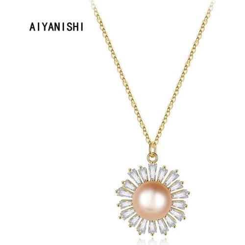 AIYANISHI 18K Gold Filled Natural Freshwater Pearl Necklaces Sunflower Charm Necklaces Jewelry Freshwater Pink Pearl Necklaces