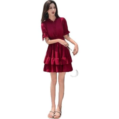 Dress Female Summer Womens 2021 Elegant Temperament Lady Vestidos High Waist Shirt Sleeve Retro Red Zipper Summer Dresses E506