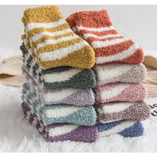 Striped Socks Women Fluffy Coral Velvet Thick Warm Winter Socks For girls indoor Floor Towel Sock Breathable Woman cute Soks Sox
