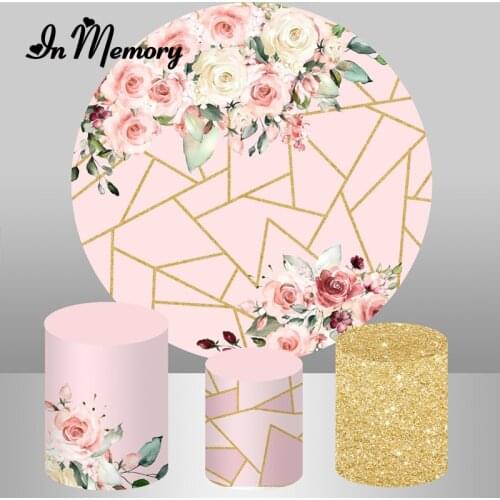 Pink Flowers Glitter Gold Geometry Round Backdrop Cover Lady Birthday Wedding Party Photography Background Custom Plinth Covers